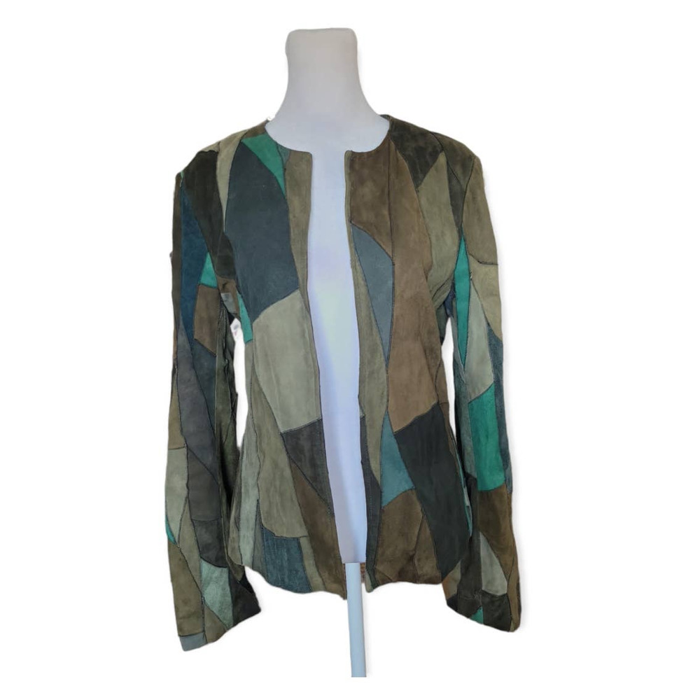 Sheri Bodell Vintage Genuine Leather Patchwork Open Front Jacket Size 8